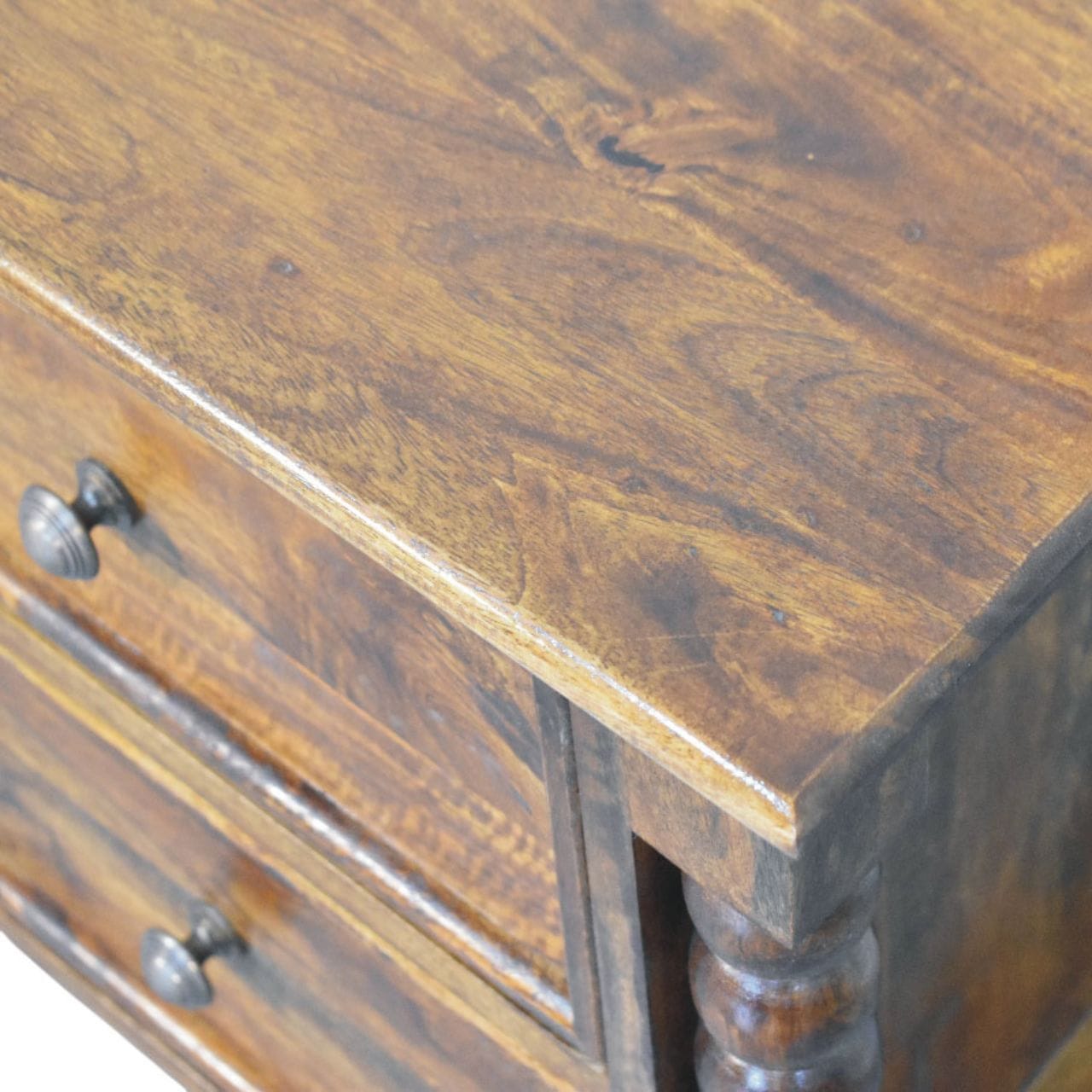 Spindle Beaded Chestnut Bedside Table - Solid Mango Wood Nightstand with Drawers - product view 5 showing handcrafted...