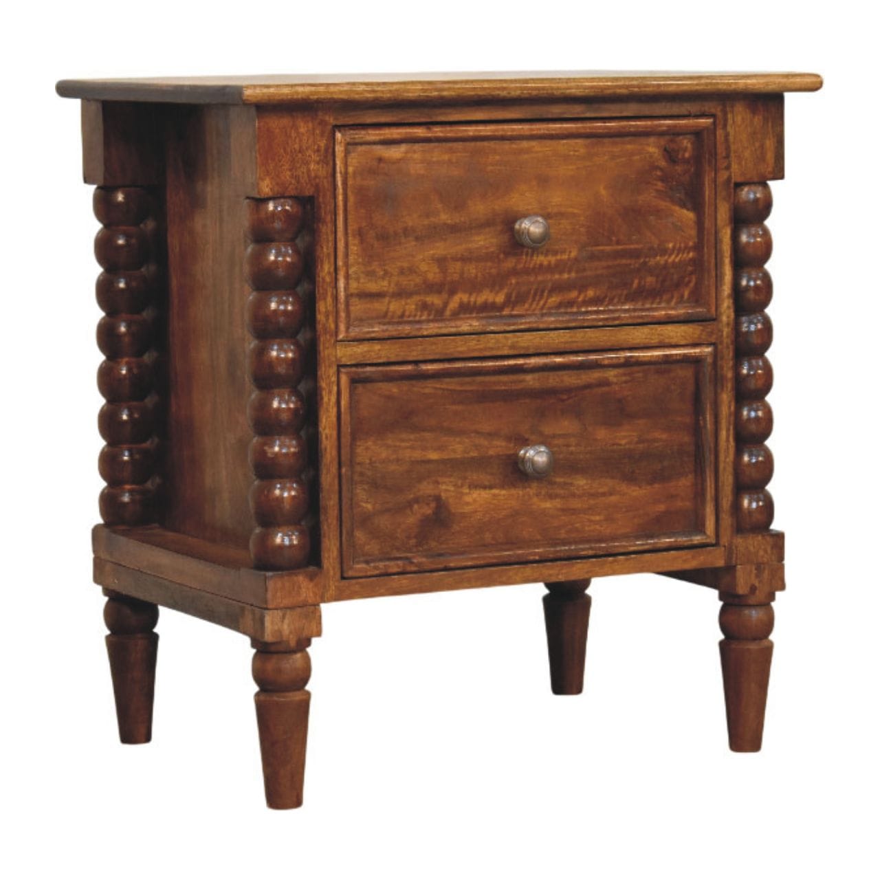 Spindle Beaded Chestnut Bedside Table - Solid Mango Wood Nightstand with Drawers - product view 2 showing handcrafted...