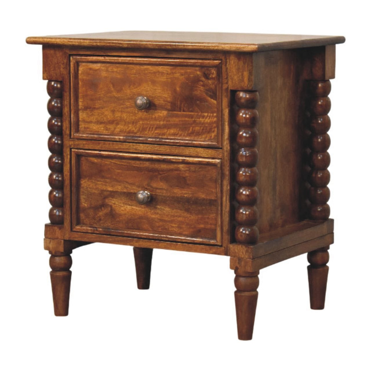Spindle Beaded Chestnut Bedside Table - Solid Mango Wood Nightstand with Drawers - product view 3 showing handcrafted...