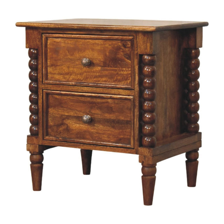Spindle Beaded Chestnut Bedside Table - Solid Mango Wood Nightstand with Drawers - product view 3 showing handcrafted...