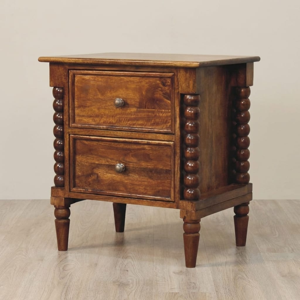 Spindle Beaded Chestnut Bedside Table - Solid Mango Wood Nightstand with Drawers - main view showing handcrafted solid...