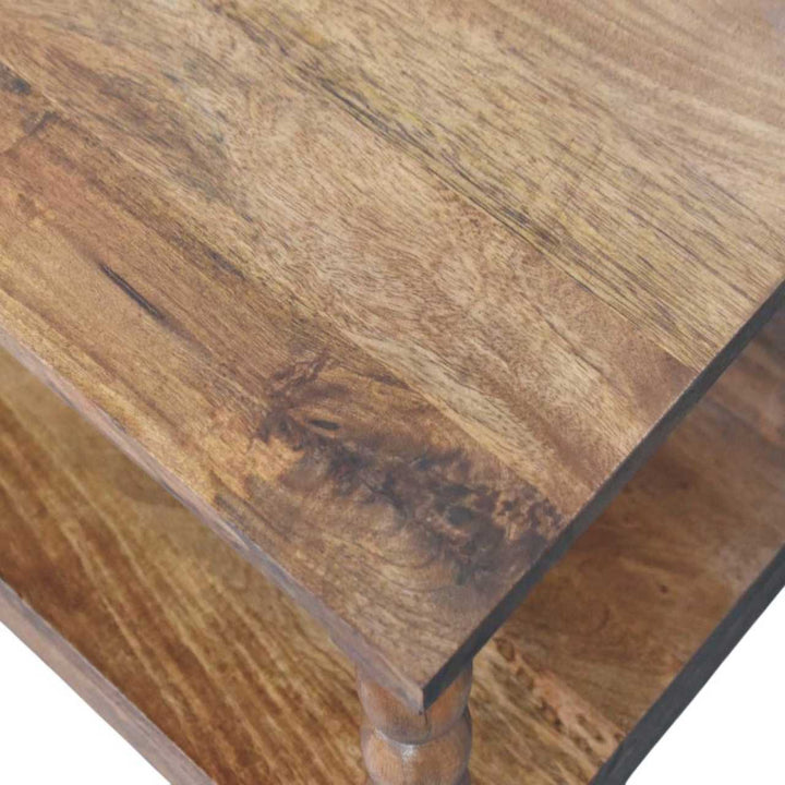 Amber Oak Spindle Coffee Table in Solid Mango Wood - product view 4 showing handcrafted solid mango wood coffee table