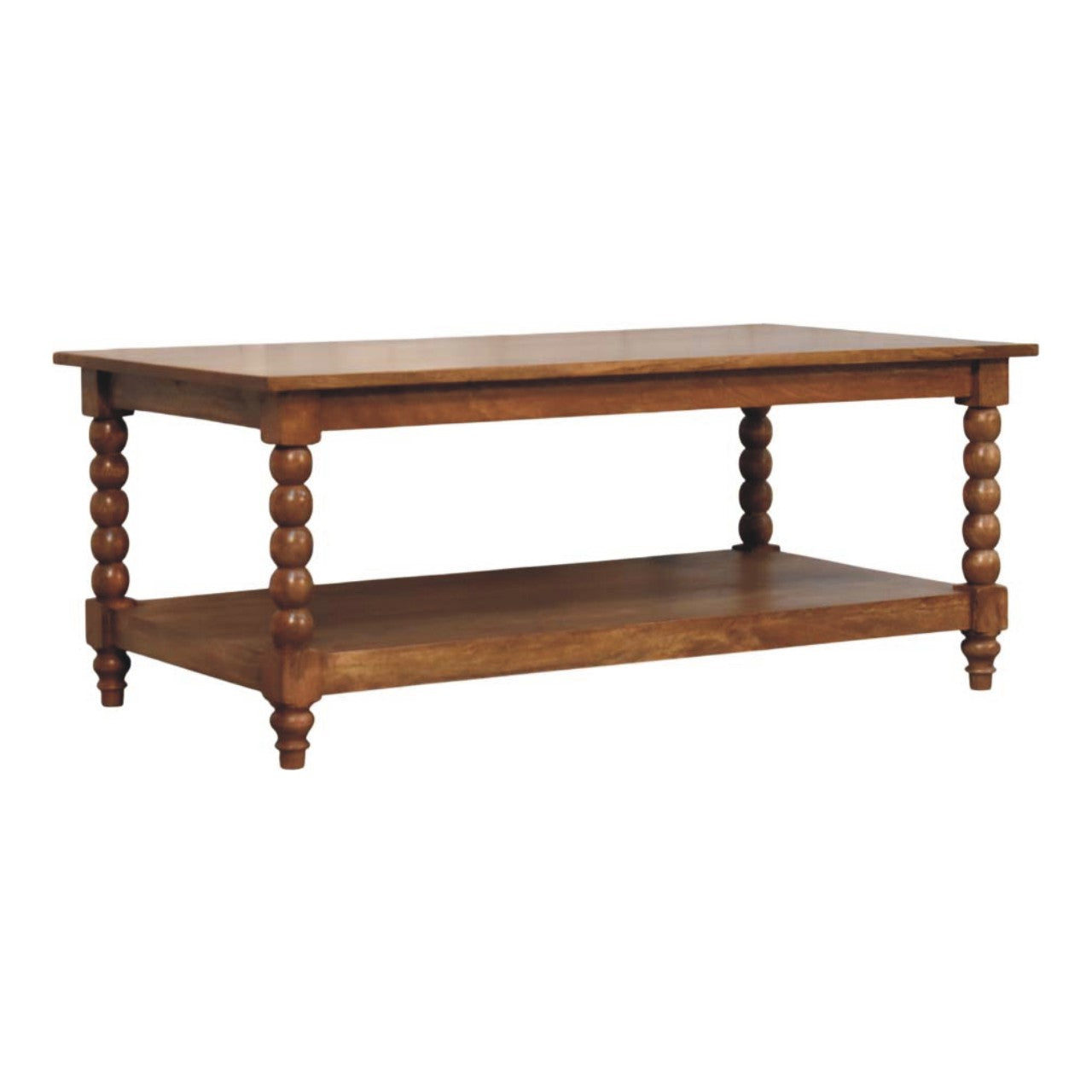 Amber Oak Spindle Coffee Table in Solid Mango Wood - main view showing handcrafted solid mango wood coffee table