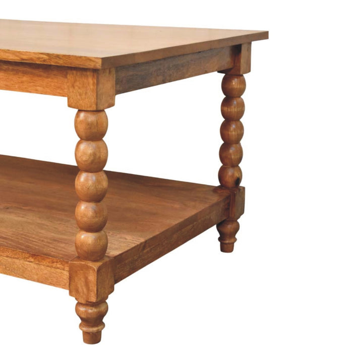Amber Oak Spindle Coffee Table in Solid Mango Wood - product view 5 showing handcrafted solid mango wood coffee table