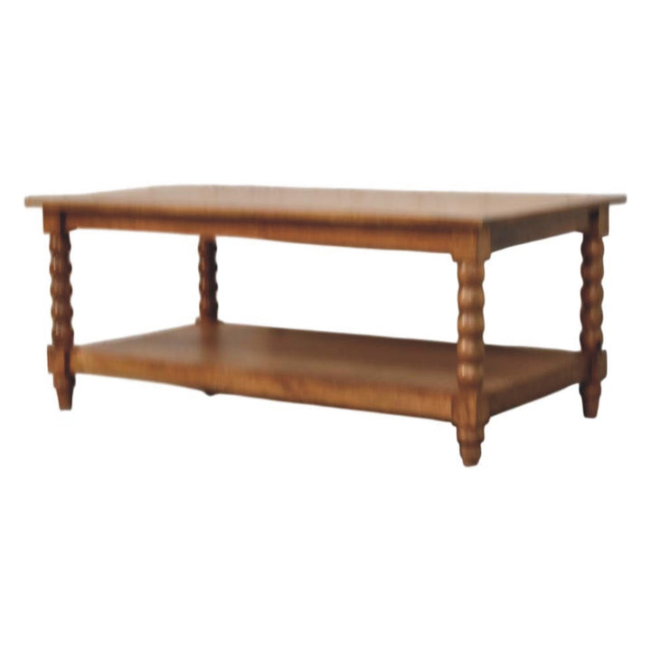 Amber Oak Spindle Coffee Table in Solid Mango Wood - product view 2 showing handcrafted solid mango wood coffee table