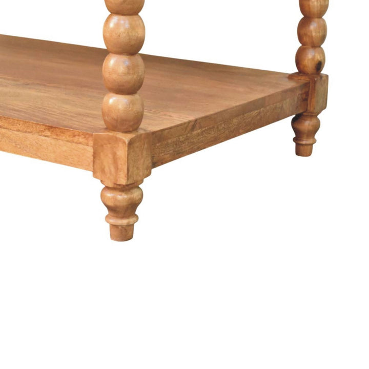 Amber Oak Spindle Coffee Table in Solid Mango Wood - product view 6 showing handcrafted solid mango wood coffee table