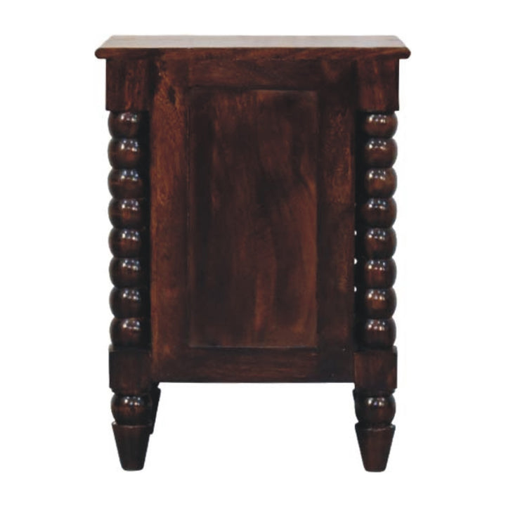 California Walnut Spindle Bedside Table in Solid Mango Wood - product view 8 showing handcrafted solid mango wood nightstand