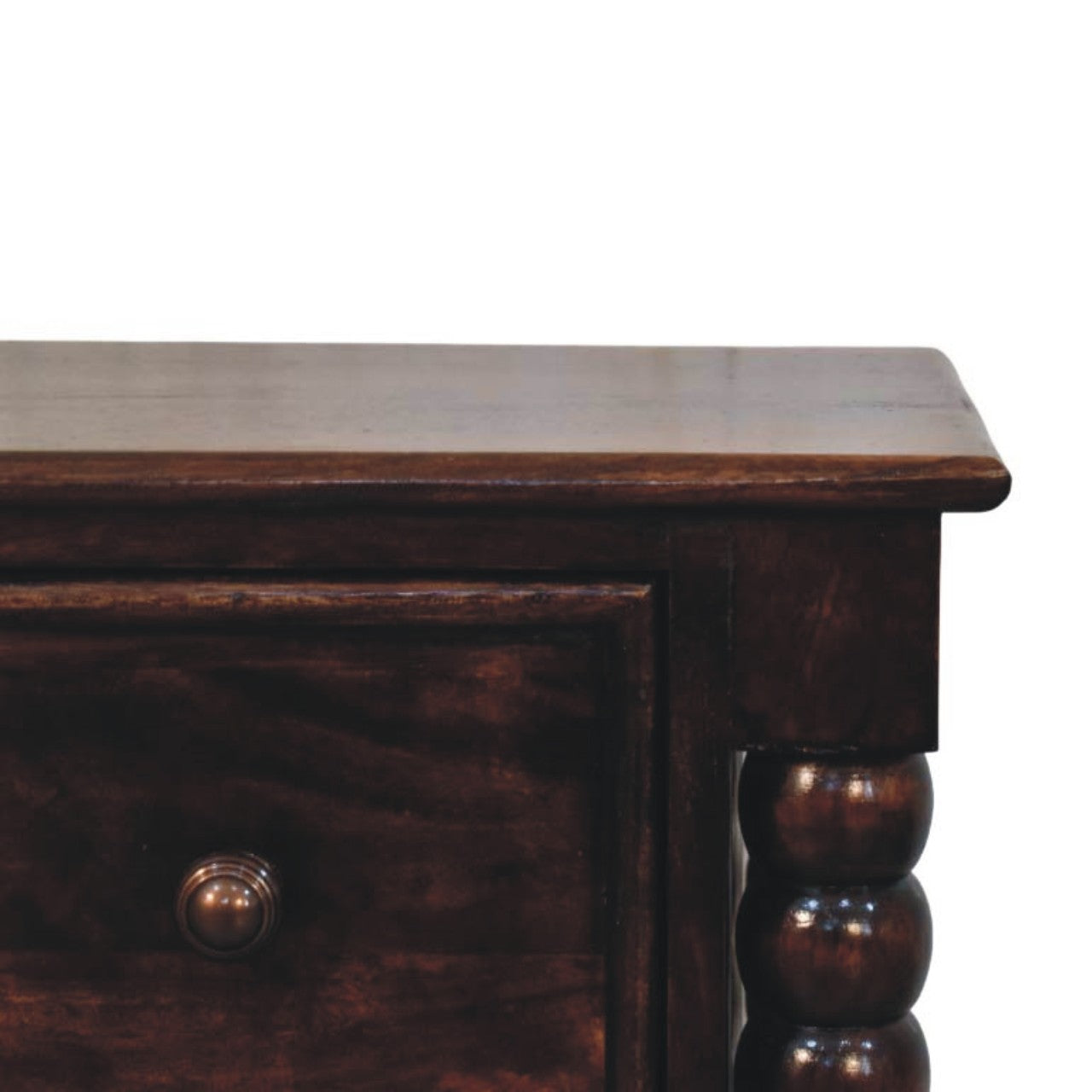 California Walnut Spindle Bedside Table in Solid Mango Wood - product view 3 showing handcrafted solid mango wood nightstand