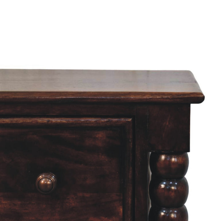 California Walnut Spindle Bedside Table in Solid Mango Wood - product view 3 showing handcrafted solid mango wood nightstand