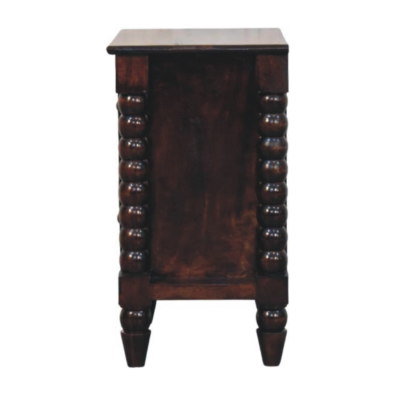 California Walnut Spindle Bedside Table in Solid Mango Wood - product view 7 showing handcrafted solid mango wood nightstand