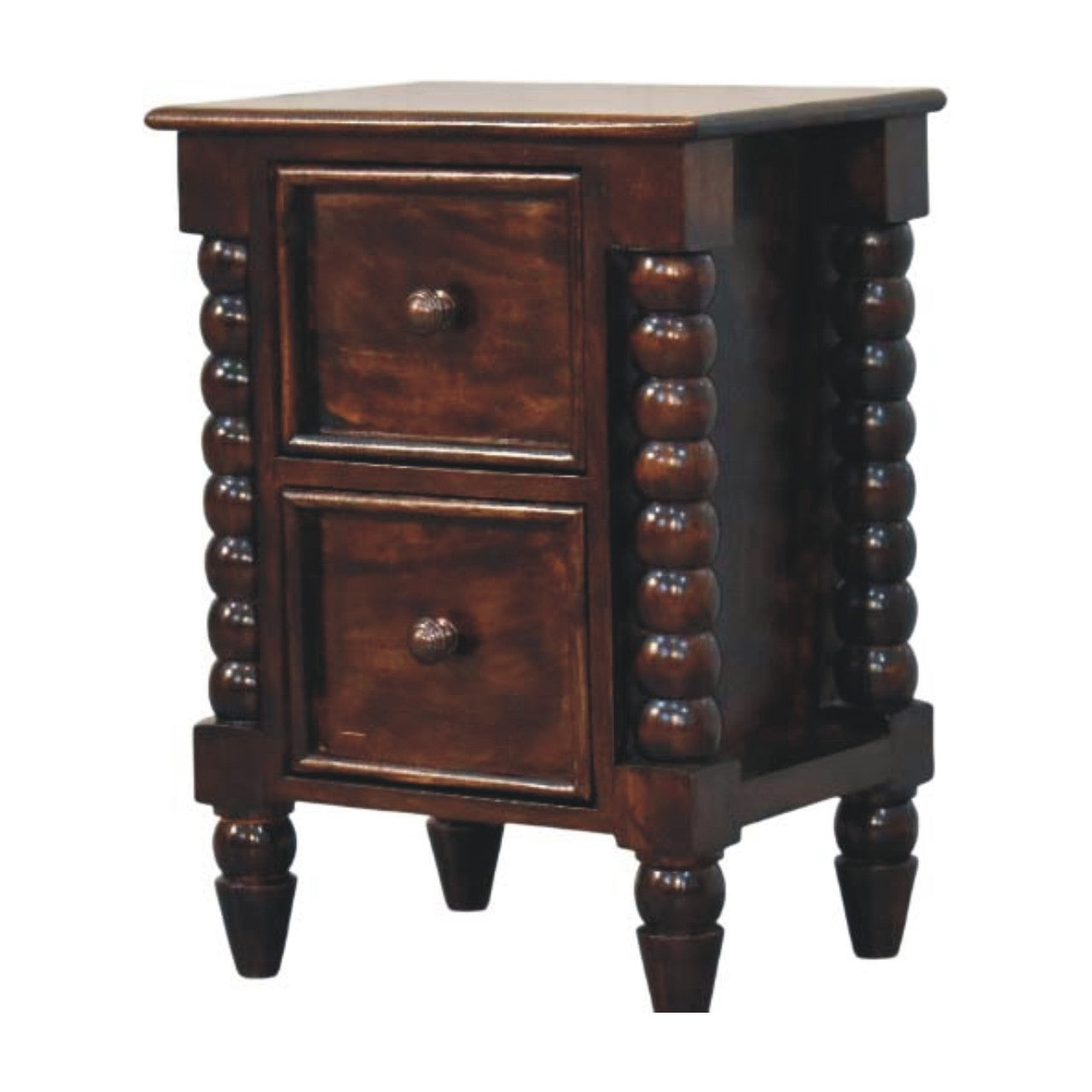 California Walnut Spindle Bedside Table in Solid Mango Wood - main view showing handcrafted solid mango wood nightstand