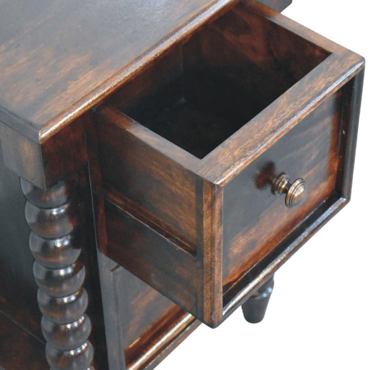 California Walnut Spindle Bedside Table in Solid Mango Wood - product view 5 showing handcrafted solid mango wood nightstand