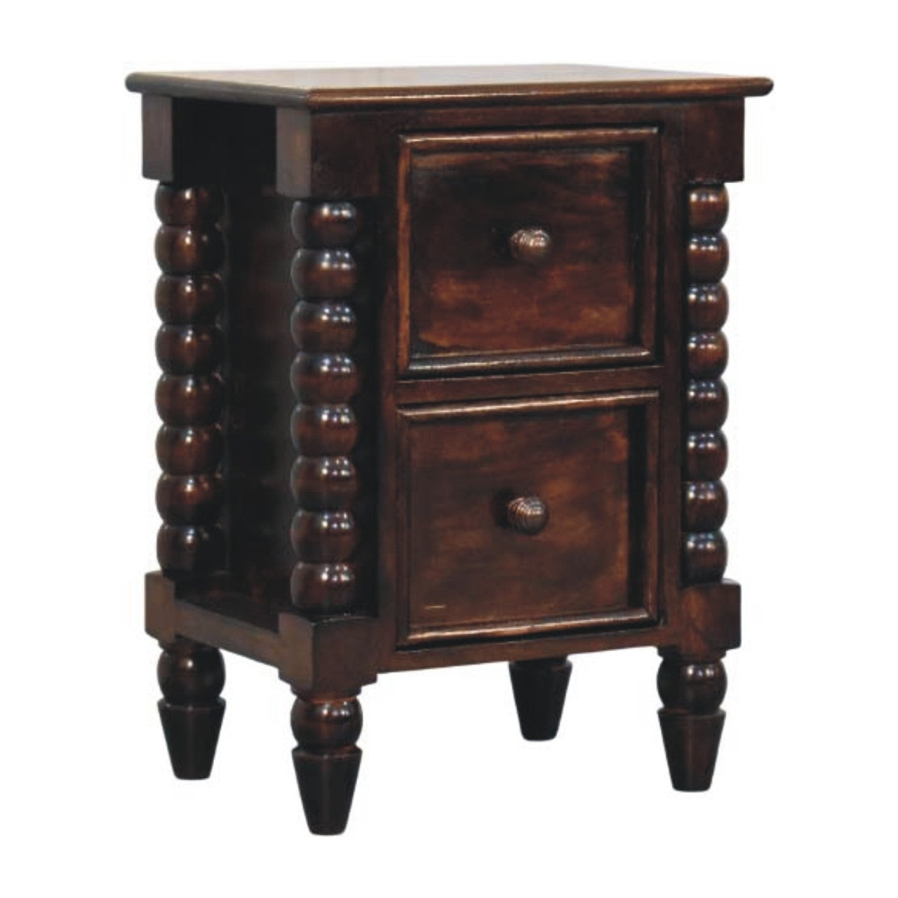 California Walnut Spindle Bedside Table in Solid Mango Wood - product view 2 showing handcrafted solid mango wood nightstand