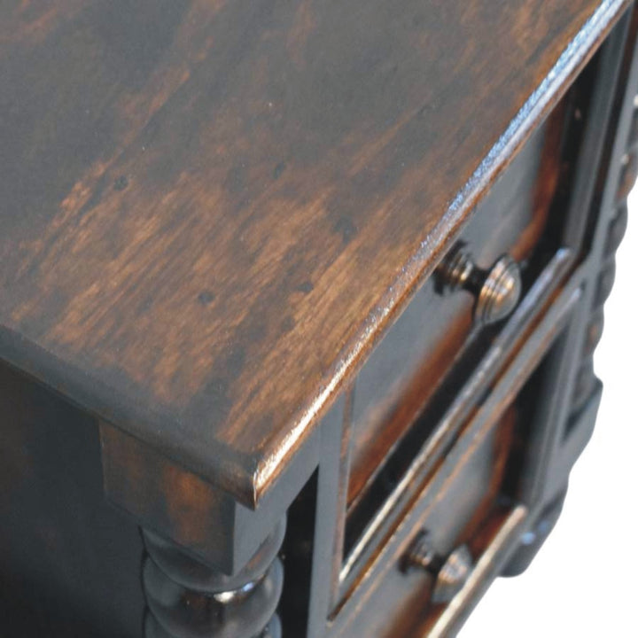 California Walnut Spindle Bedside Table in Solid Mango Wood - product view 4 showing handcrafted solid mango wood nightstand