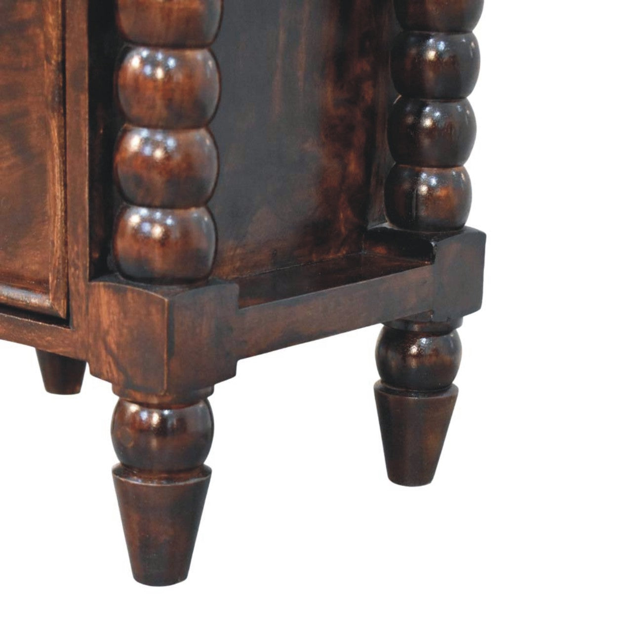 California Walnut Spindle Bedside Table in Solid Mango Wood - product view 6 showing handcrafted solid mango wood nightstand