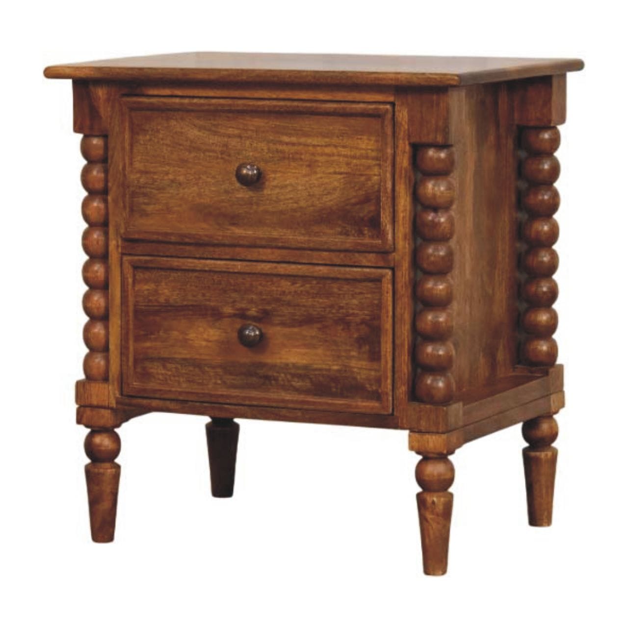 Spindle Leg Amber Oak Nightstand - Solid Mango Wood Bedside Table for Bedroom - product view 2 showing handcrafted solid...