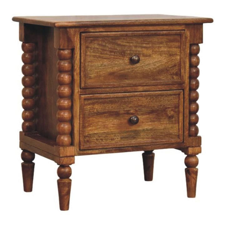 Spindle Leg Amber Oak Nightstand - Solid Mango Wood Bedside Table for Bedroom - product view 3 showing handcrafted solid...