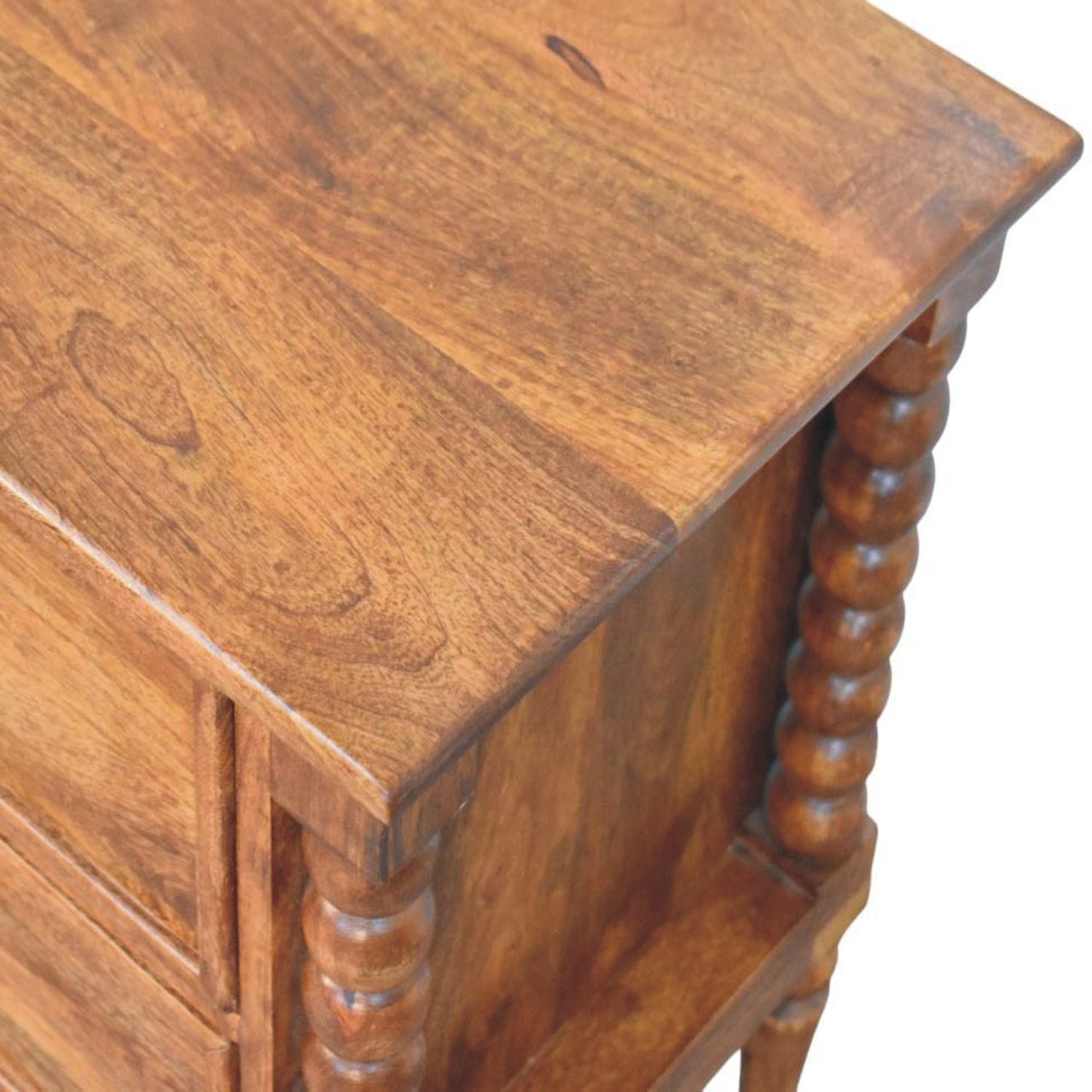 Spindle Leg Amber Oak Nightstand - Solid Mango Wood Bedside Table for Bedroom - product view 6 showing handcrafted solid...