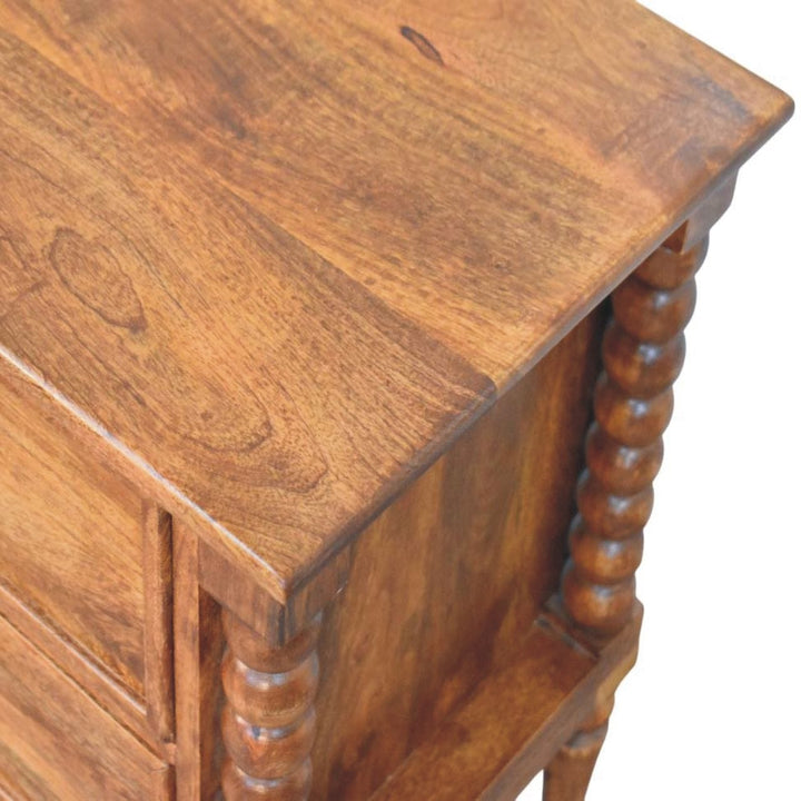 Spindle Leg Amber Oak Nightstand - Solid Mango Wood Bedside Table for Bedroom - product view 6 showing handcrafted solid...