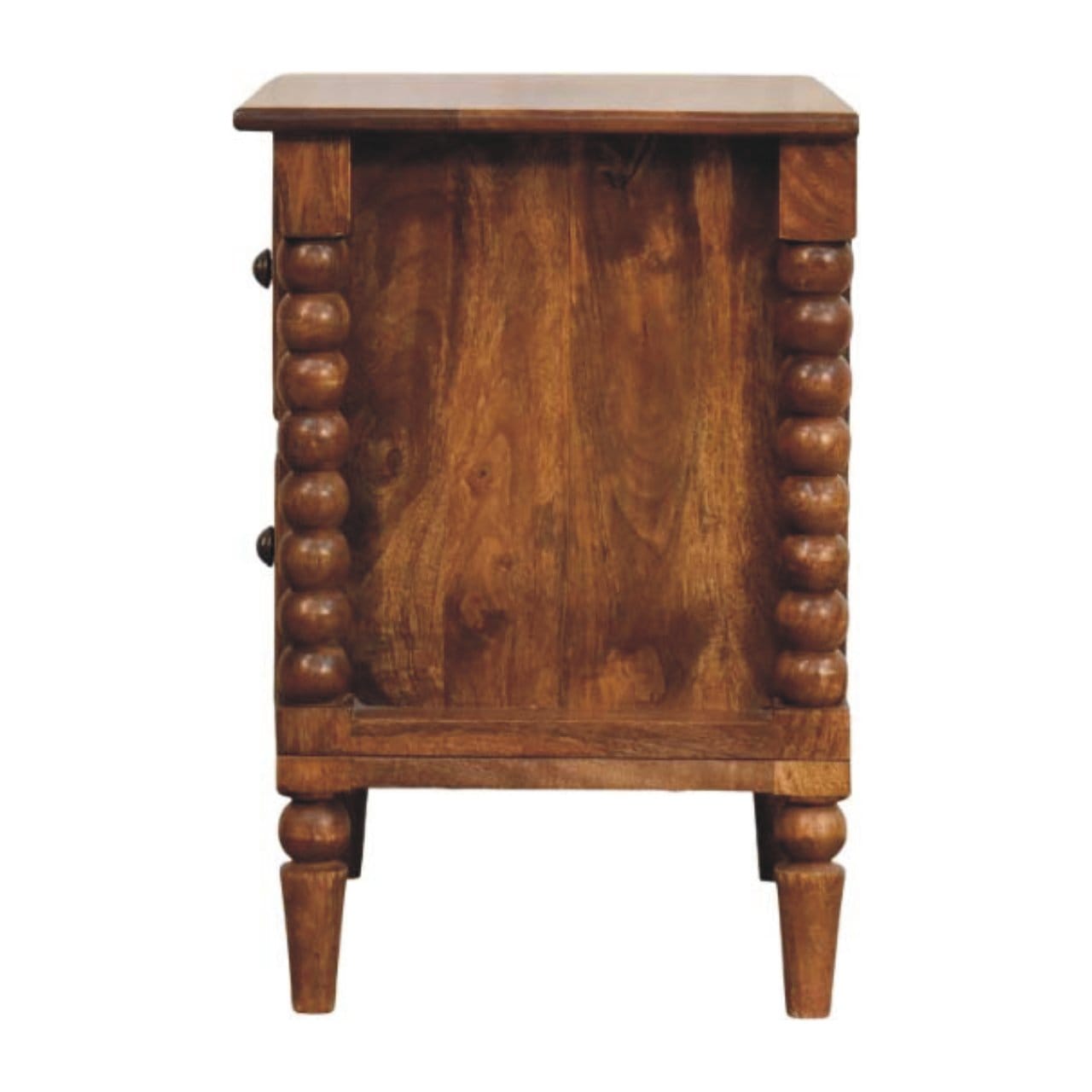 Spindle Leg Amber Oak Nightstand - Solid Mango Wood Bedside Table for Bedroom - product view 8 showing handcrafted solid...