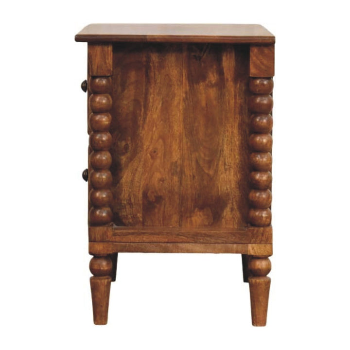 Spindle Leg Amber Oak Nightstand - Solid Mango Wood Bedside Table for Bedroom - product view 8 showing handcrafted solid...