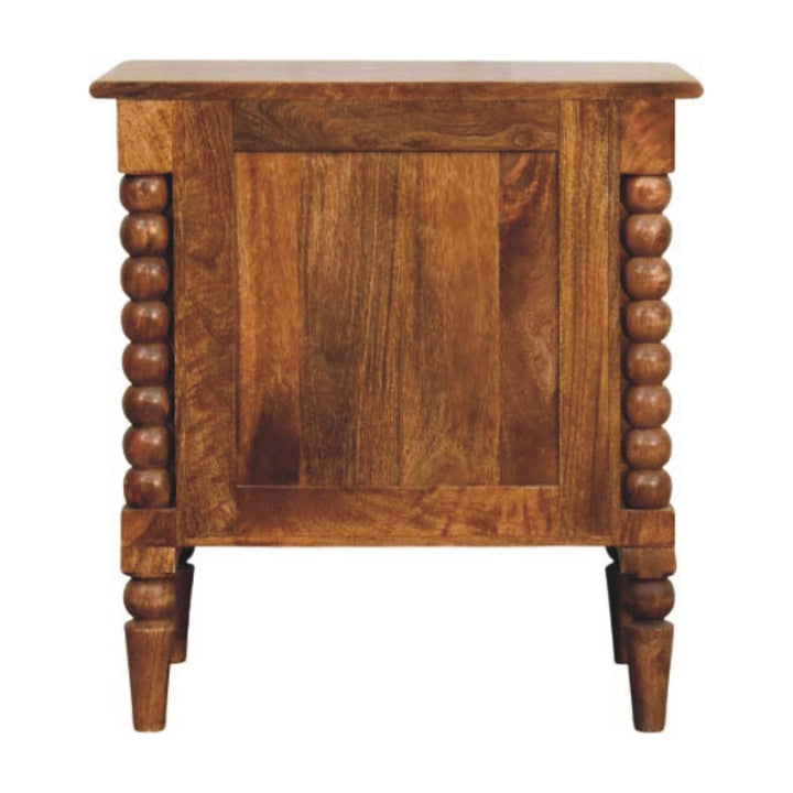 Spindle Leg Amber Oak Nightstand - Solid Mango Wood Bedside Table for Bedroom - product view 9 showing handcrafted solid...