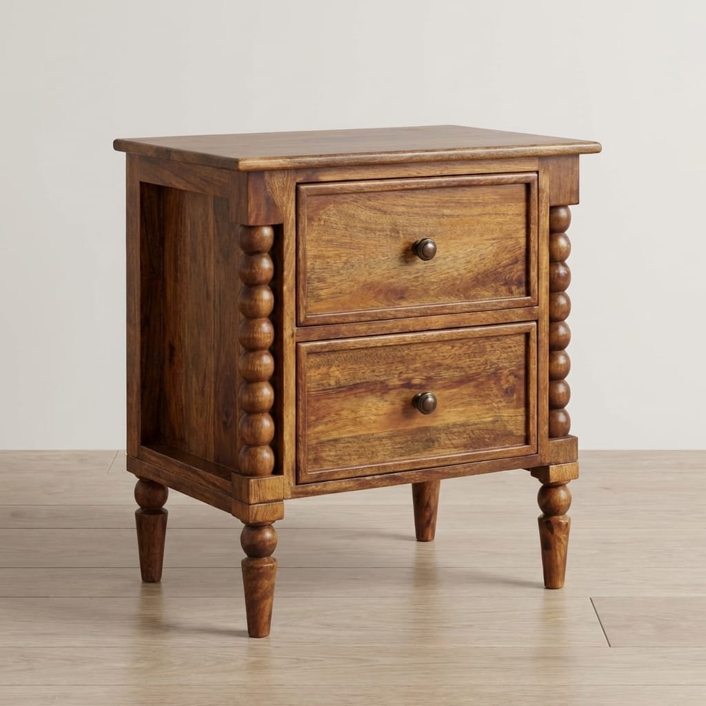 Spindle Leg Amber Oak Nightstand - Solid Mango Wood Bedside Table for Bedroom - main view showing handcrafted solid mango...