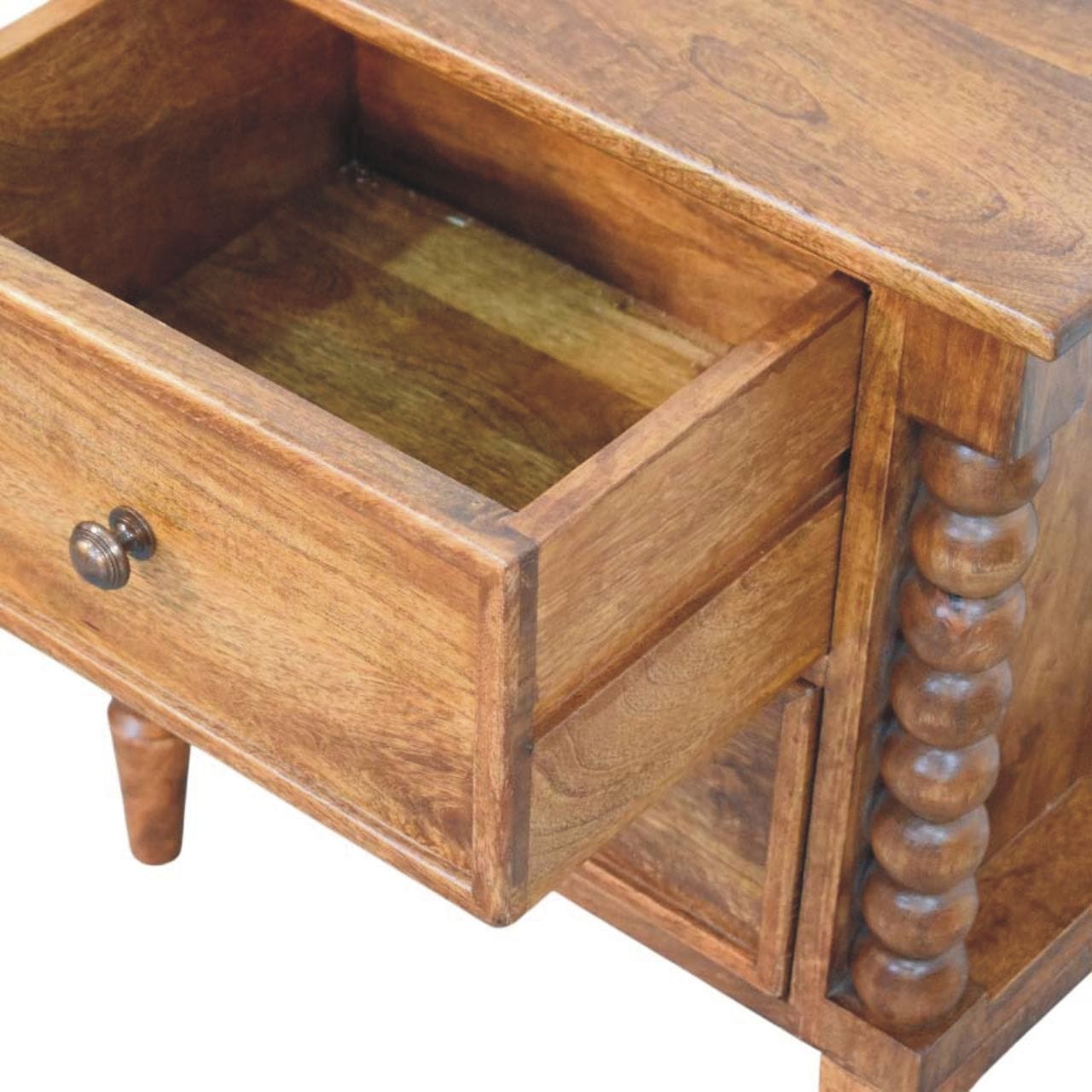 Spindle Leg Amber Oak Nightstand - Solid Mango Wood Bedside Table for Bedroom - product view 5 showing handcrafted solid...
