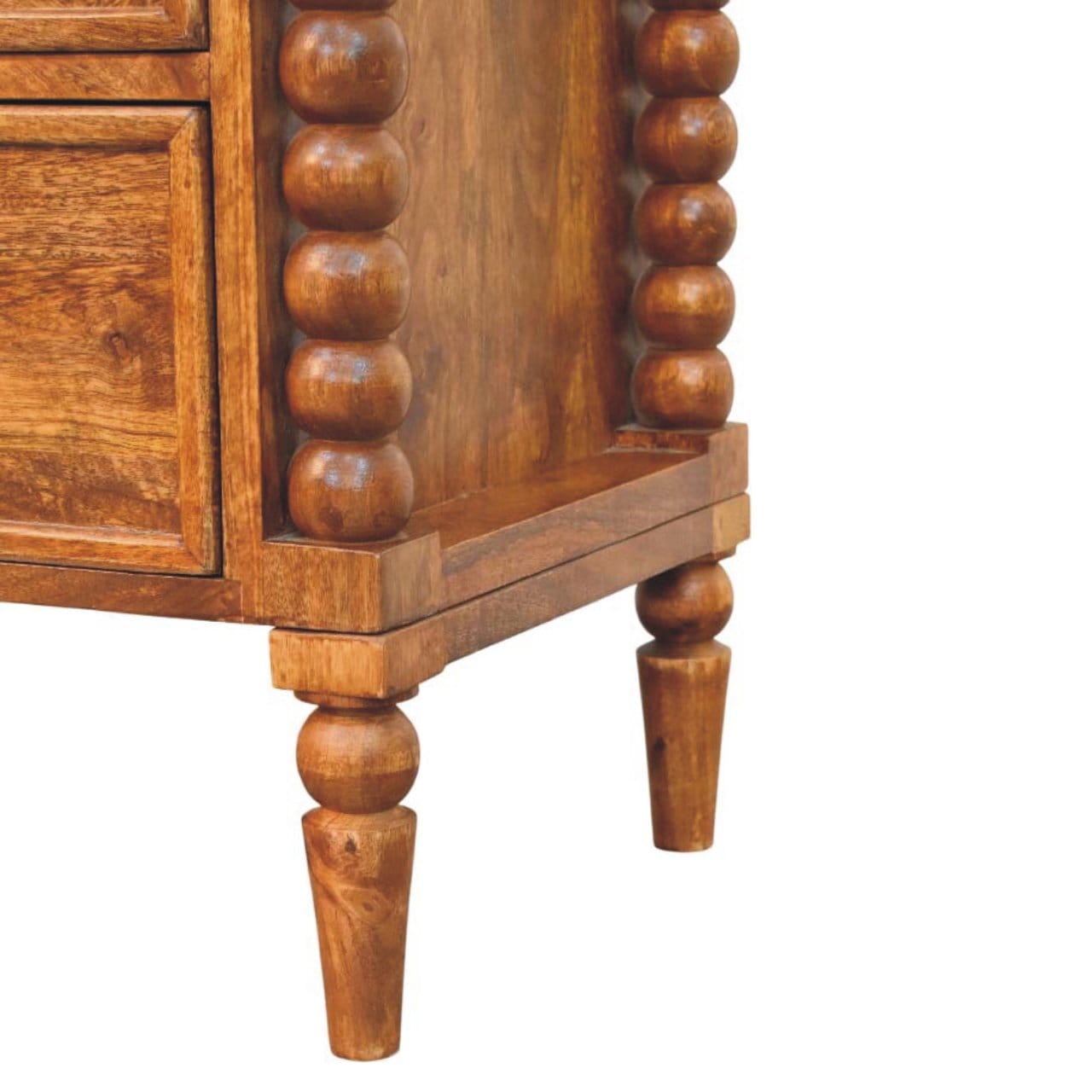 Spindle Leg Amber Oak Nightstand - Solid Mango Wood Bedside Table for Bedroom - product view 7 showing handcrafted solid...