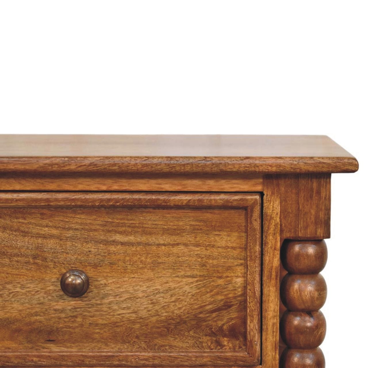 Spindle Leg Amber Oak Nightstand - Solid Mango Wood Bedside Table for Bedroom - product view 4 showing handcrafted solid...