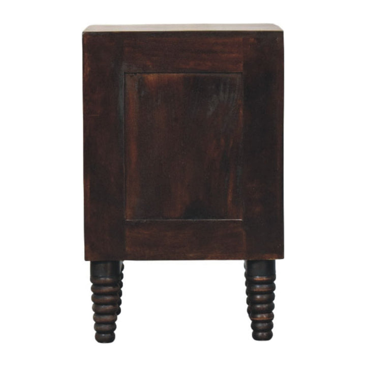 Velvet Mocha Spindle Bedside Table in Solid Mango Wood - product view 8 showing handcrafted solid mango wood nightstand
