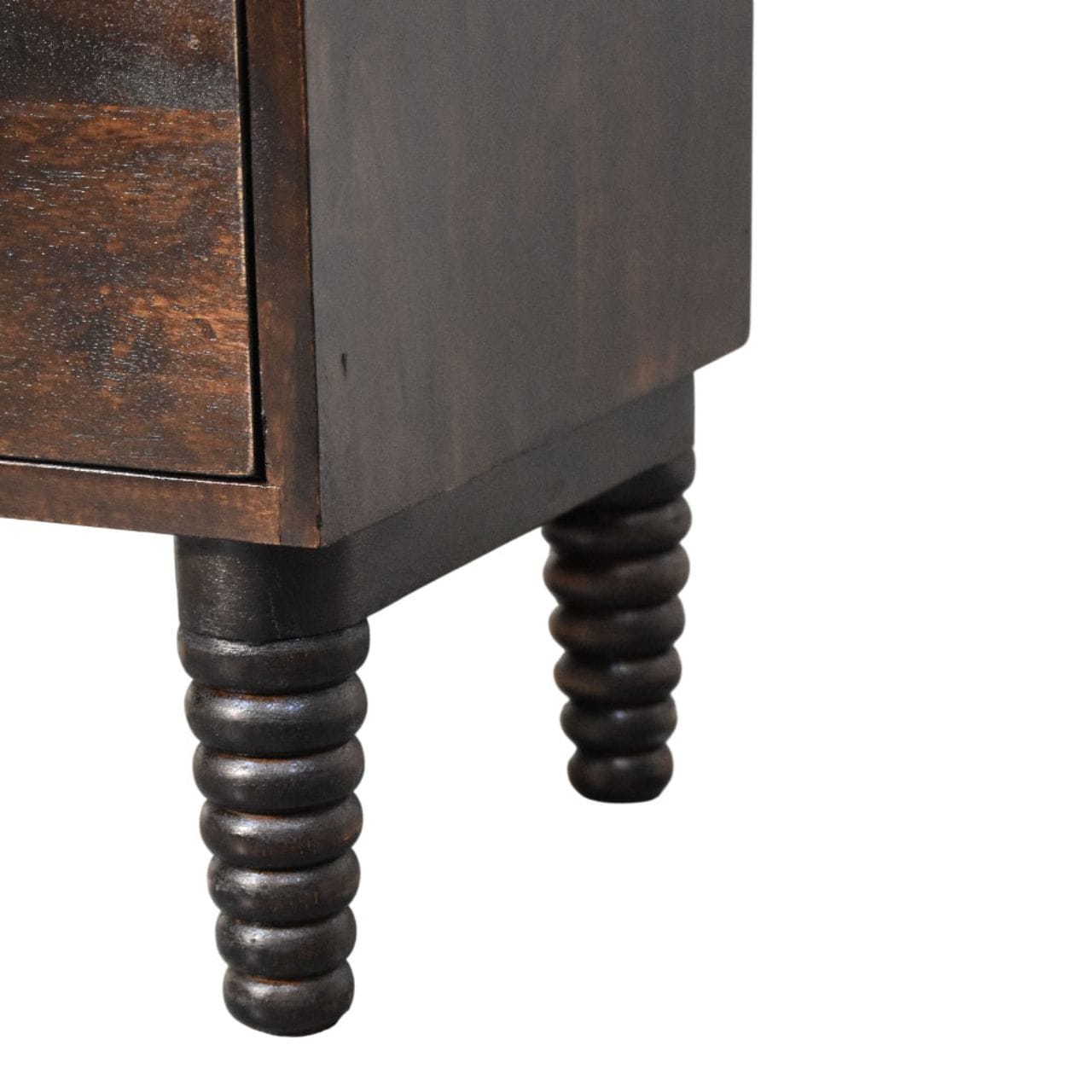 Velvet Mocha Spindle Bedside Table in Solid Mango Wood - product view 6 showing handcrafted solid mango wood nightstand