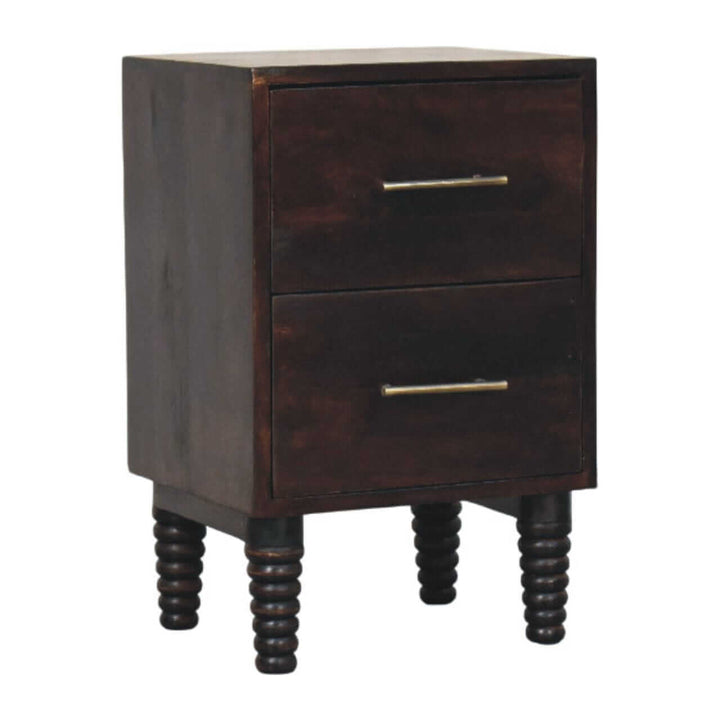 Velvet Mocha Spindle Bedside Table in Solid Mango Wood - main view showing handcrafted solid mango wood nightstand