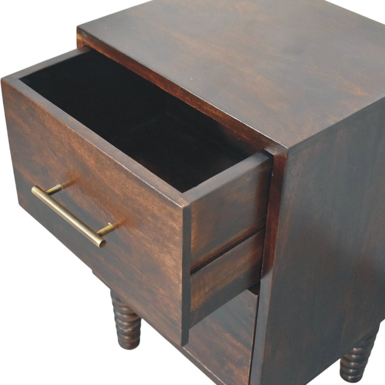 Velvet Mocha Spindle Bedside Table in Solid Mango Wood - product view 5 showing handcrafted solid mango wood nightstand