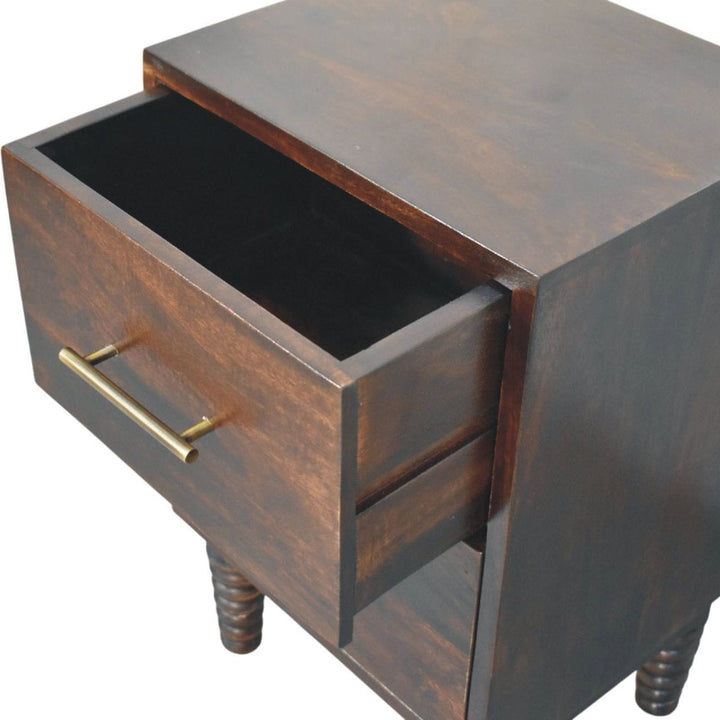 Velvet Mocha Spindle Bedside Table in Solid Mango Wood - product view 5 showing handcrafted solid mango wood nightstand