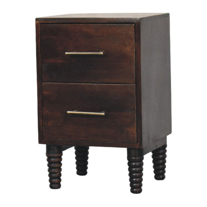 Velvet Mocha Spindle Bedside Table in Solid Mango Wood - product view 2 showing handcrafted solid mango wood nightstand