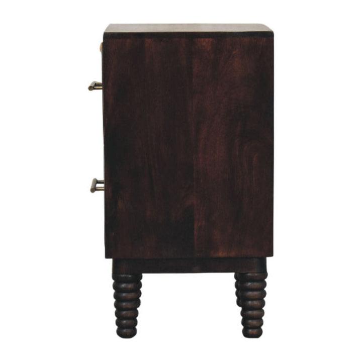 Velvet Mocha Spindle Bedside Table in Solid Mango Wood - product view 7 showing handcrafted solid mango wood nightstand
