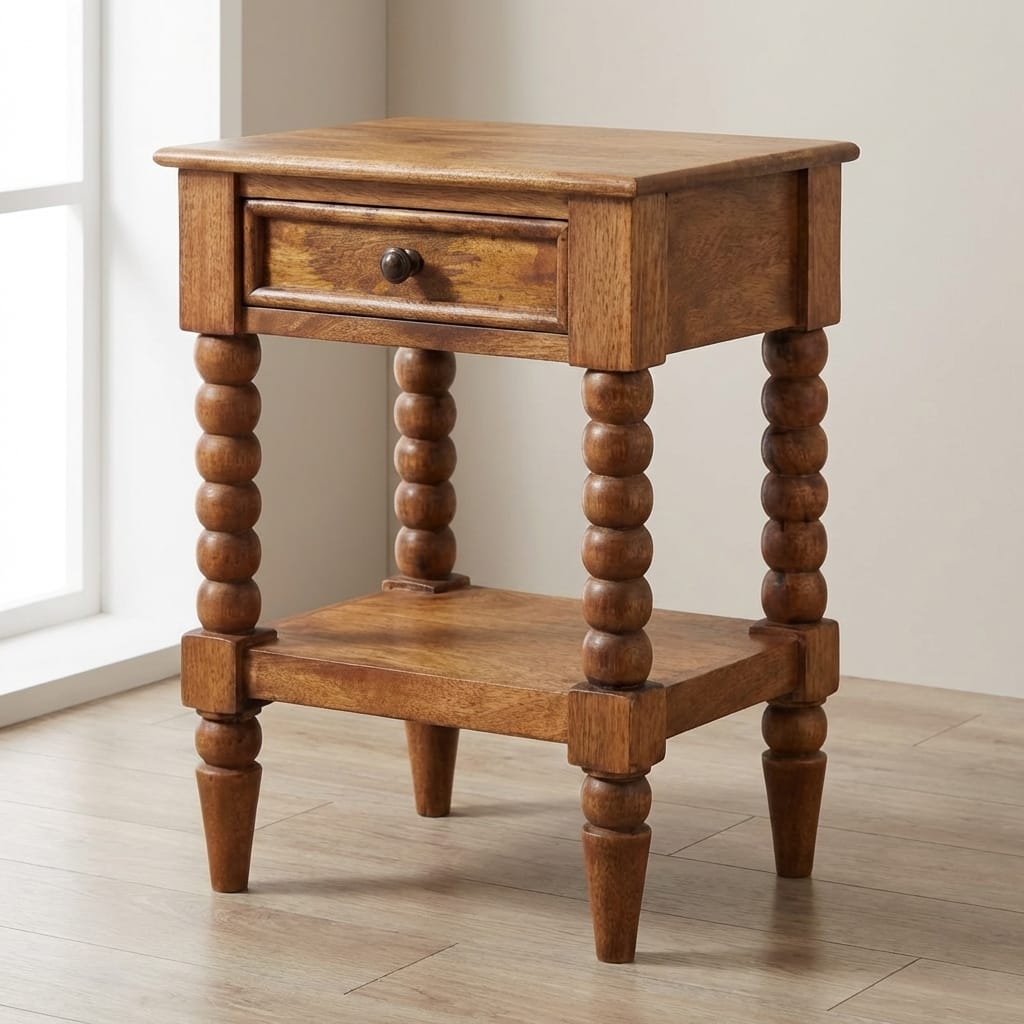 Spindle Nightstand - Solid Mango Wood Bedside Table for Bedroom - main view showing handcrafted solid mango wood nightstand