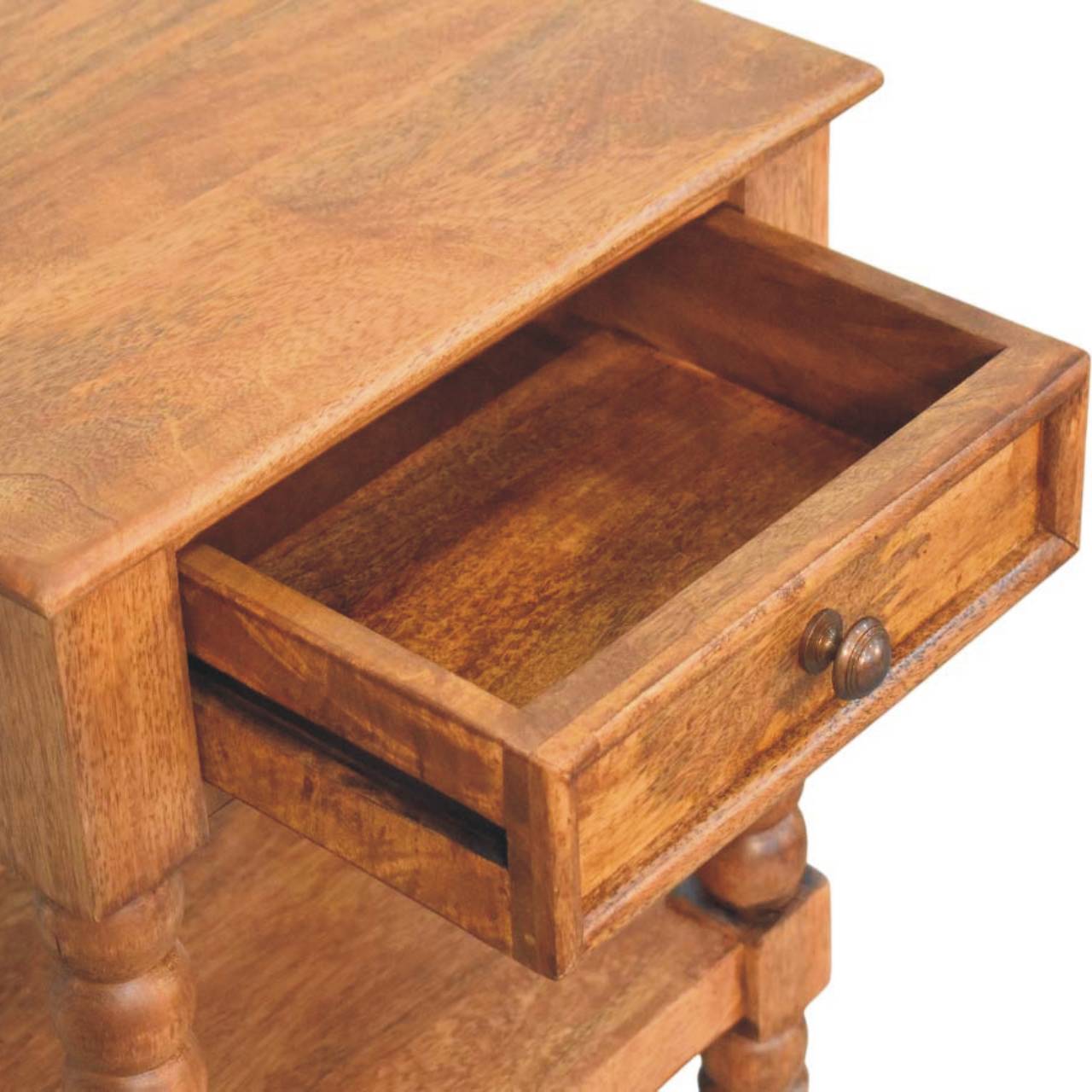 Spindle Nightstand - Solid Mango Wood Bedside Table for Bedroom - product view 6 showing handcrafted solid mango wood...