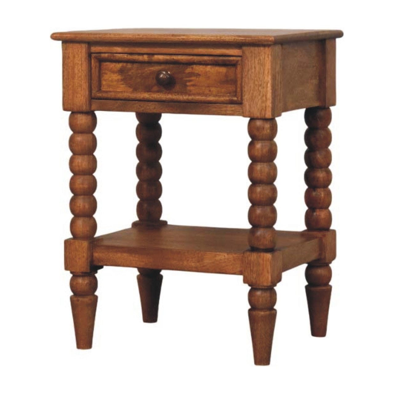 Spindle Nightstand - Solid Mango Wood Bedside Table for Bedroom - product view 3 showing handcrafted solid mango wood...