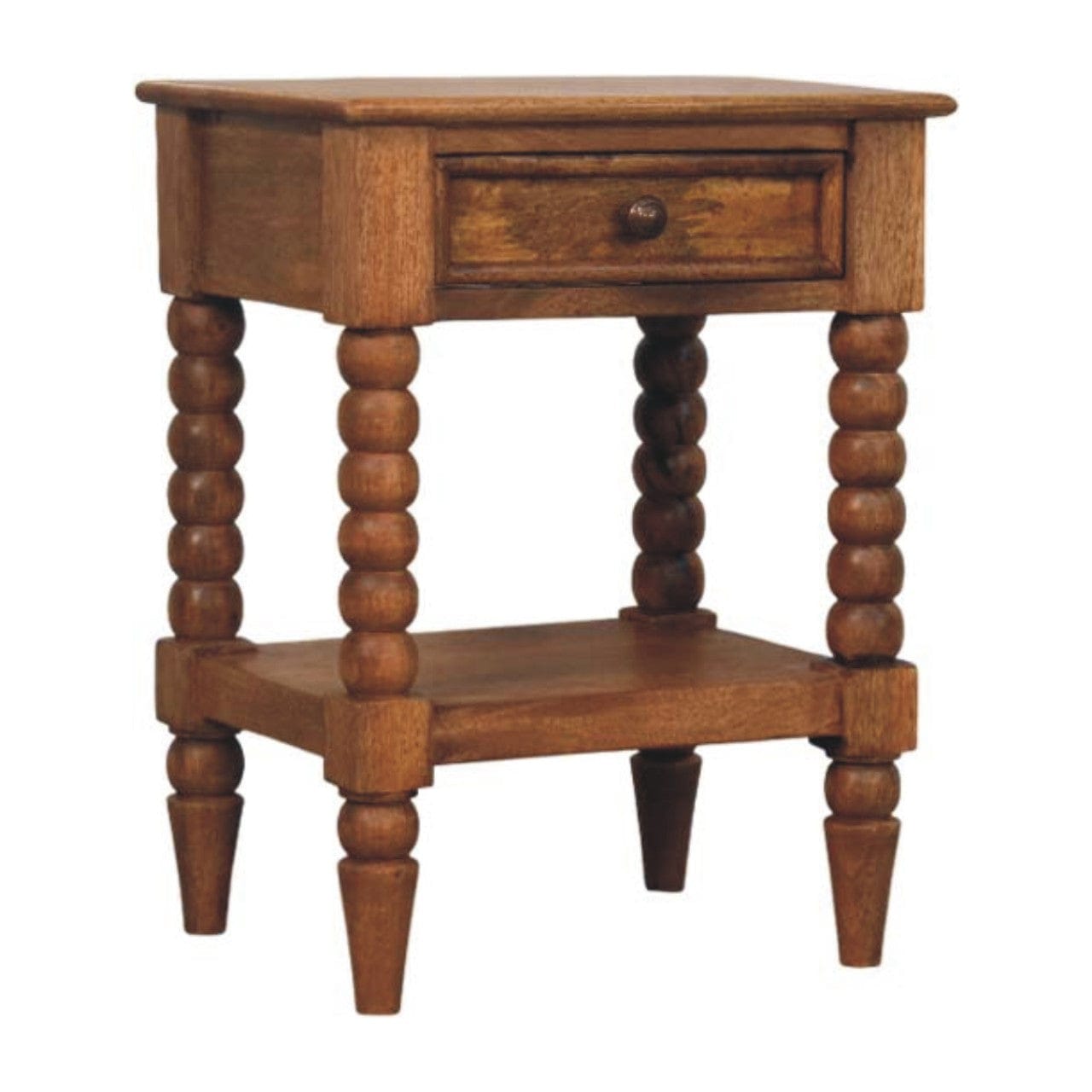 Spindle Nightstand - Solid Mango Wood Bedside Table for Bedroom - product view 2 showing handcrafted solid mango wood...
