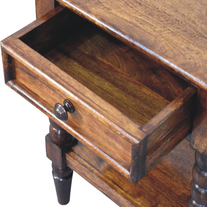 Chestnut Spindle Side Table in Solid Mango Wood - product view 5 showing handcrafted solid mango wood dresser