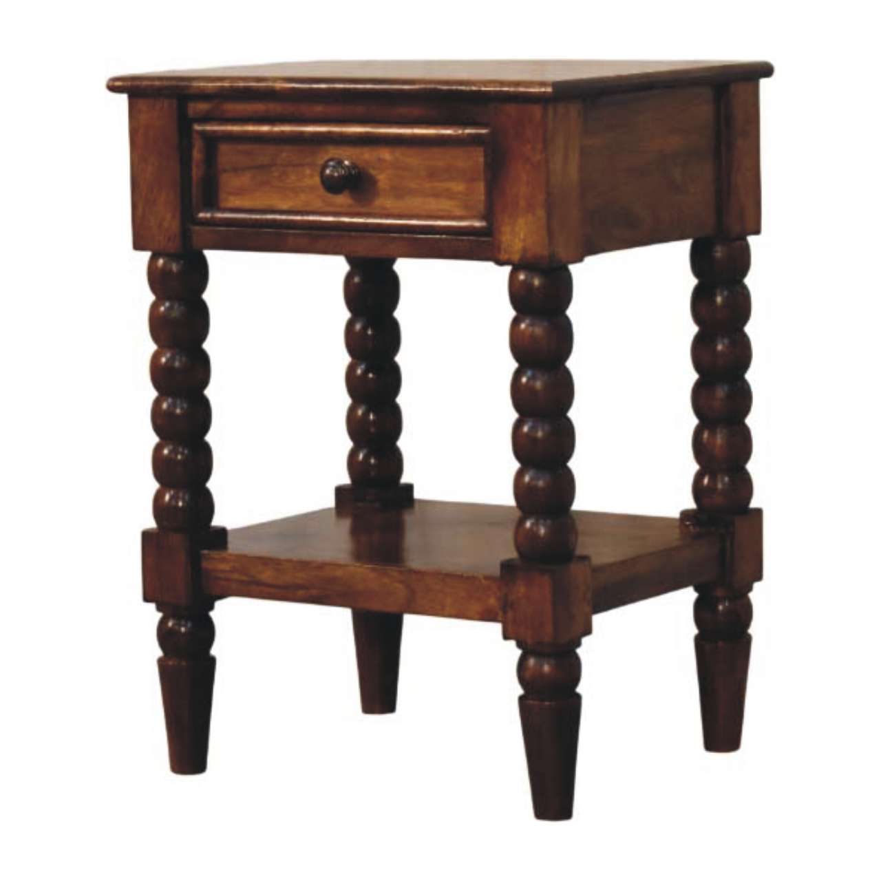 Chestnut Spindle Side Table in Solid Mango Wood - product view 2 showing handcrafted solid mango wood dresser