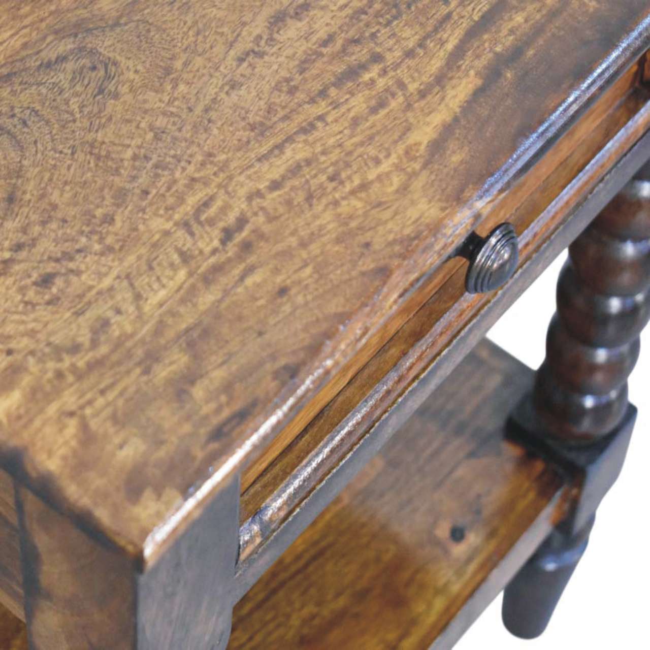 Chestnut Spindle Side Table in Solid Mango Wood - product view 4 showing handcrafted solid mango wood dresser