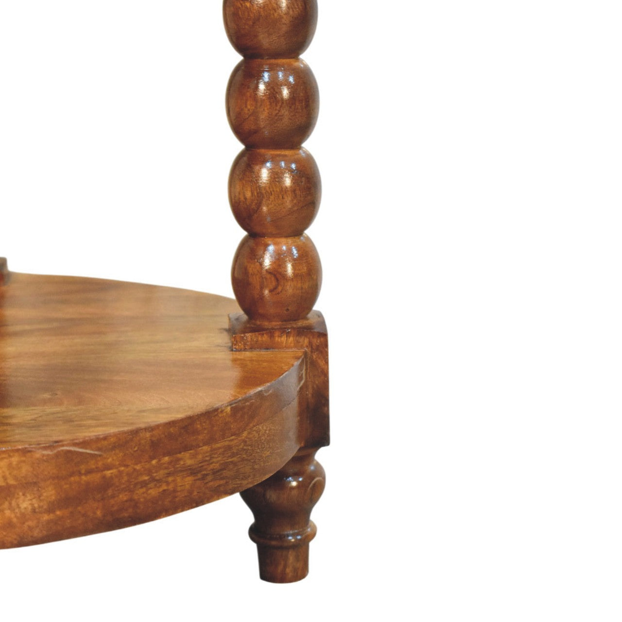 Amber Oak Spindle Round Side Table in Solid Mango Wood - product view 7 showing handcrafted solid mango wood side table