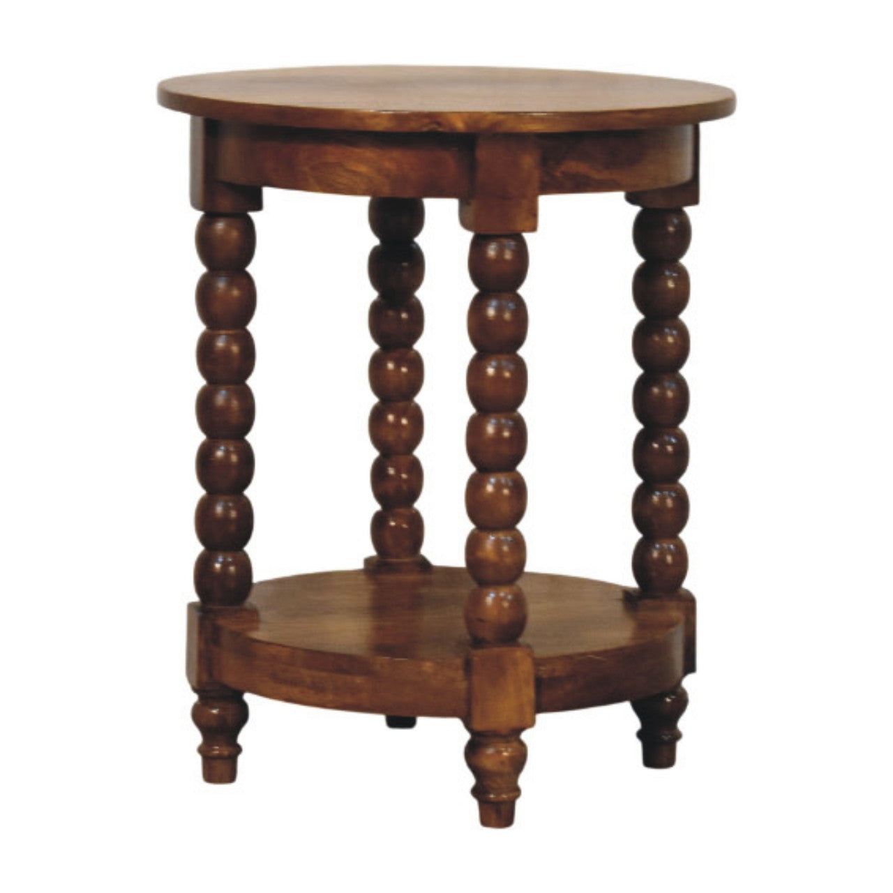 Amber Oak Spindle Round Side Table in Solid Mango Wood - main view showing handcrafted solid mango wood side table