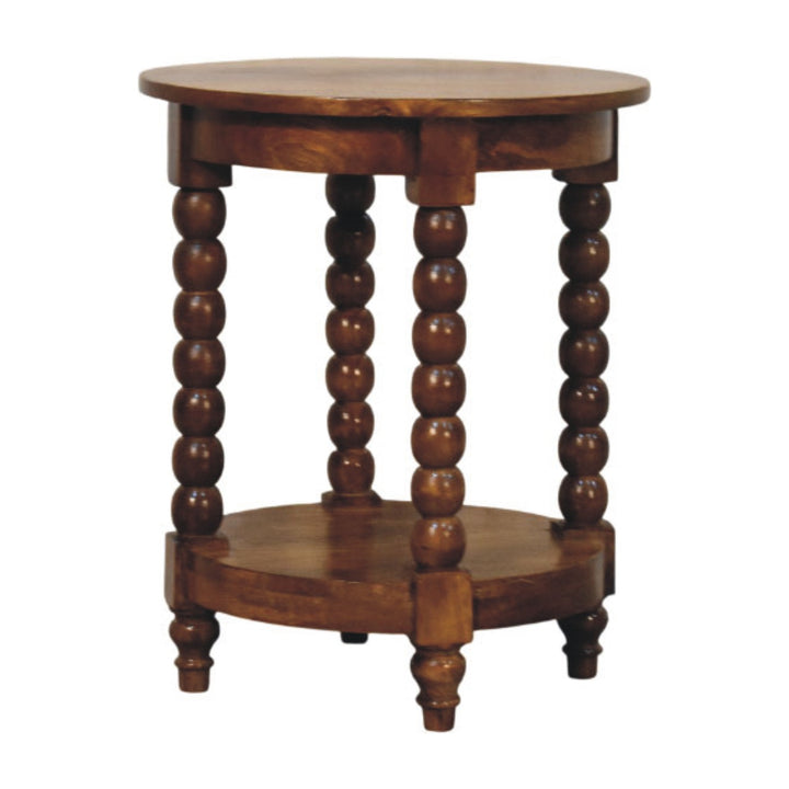 Amber Oak Spindle Round Side Table in Solid Mango Wood - main view showing handcrafted solid mango wood side table