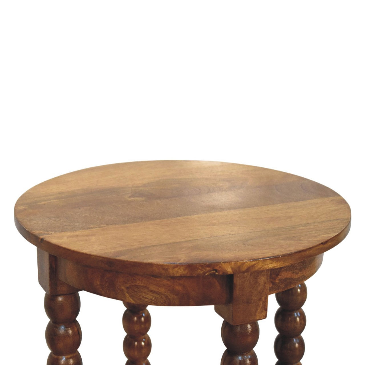 Amber Oak Spindle Round Side Table in Solid Mango Wood - product view 5 showing handcrafted solid mango wood side table