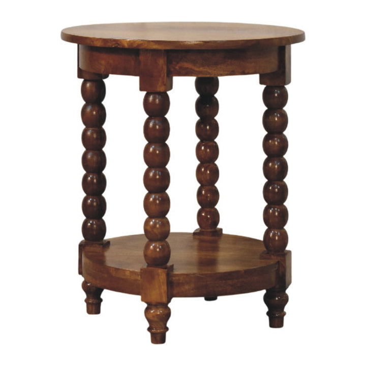 Amber Oak Spindle Round Side Table in Solid Mango Wood - product view 2 showing handcrafted solid mango wood side table