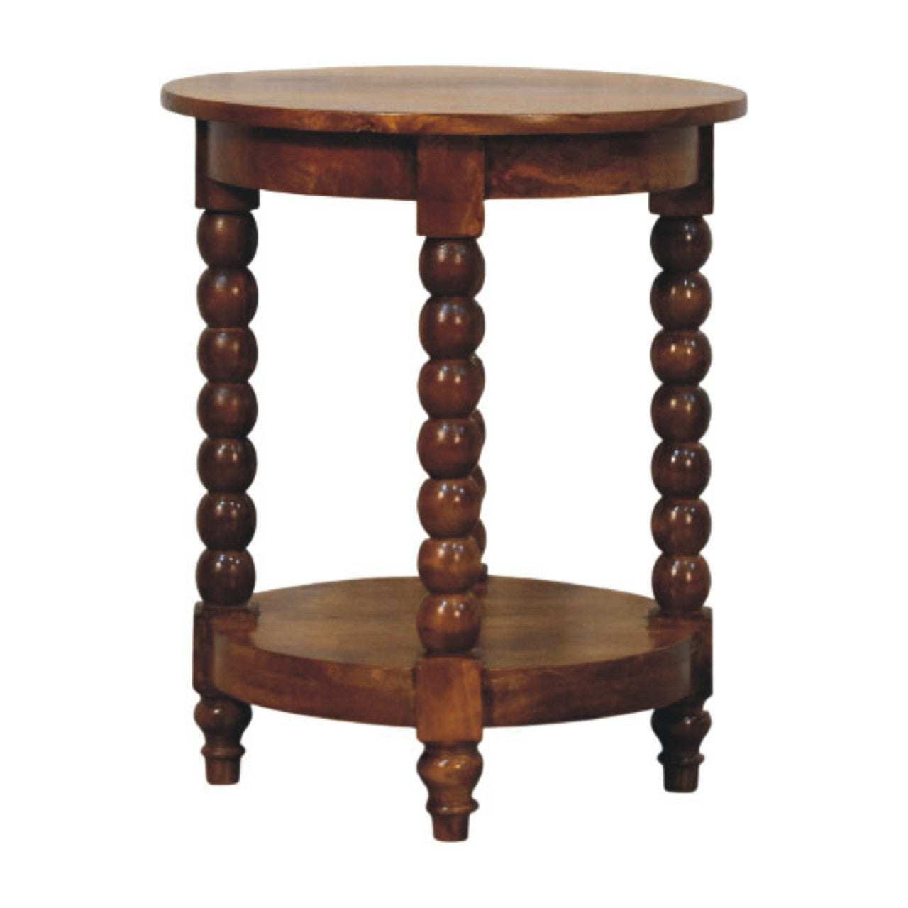 Amber Oak Spindle Round Side Table in Solid Mango Wood - product view 3 showing handcrafted solid mango wood side table
